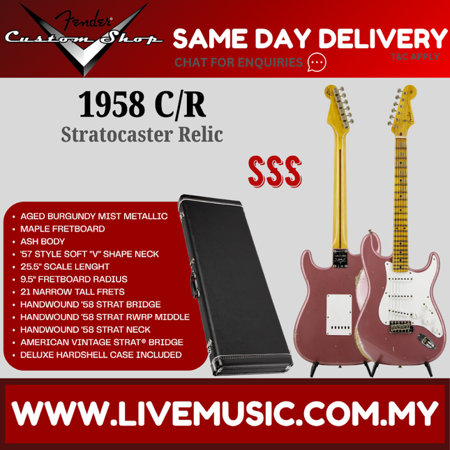 Aged burgundy electric Stratocaster guitar with maple fretboard, vintage-style bridge, case