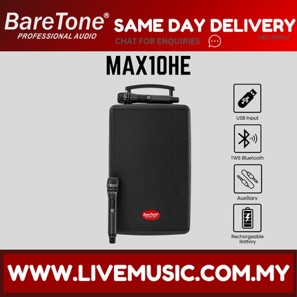 Baretone MAX10HE 10'' Portable Speaker With Two Handheld Wireless Mic ( MAX-10HE MAX 10HE )
