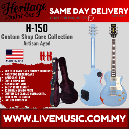 Heritage Custom Shop Core Collection H-150 Electric Guitar, Sky Blue over Dark Cherry Sunburst, Artisan Aged ( H150 H 150 )