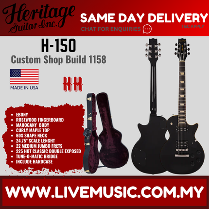 Heritage Custom Shop Build 1158 H-150 Electric Guitar with Case, Ebony ( H150 H 150 )