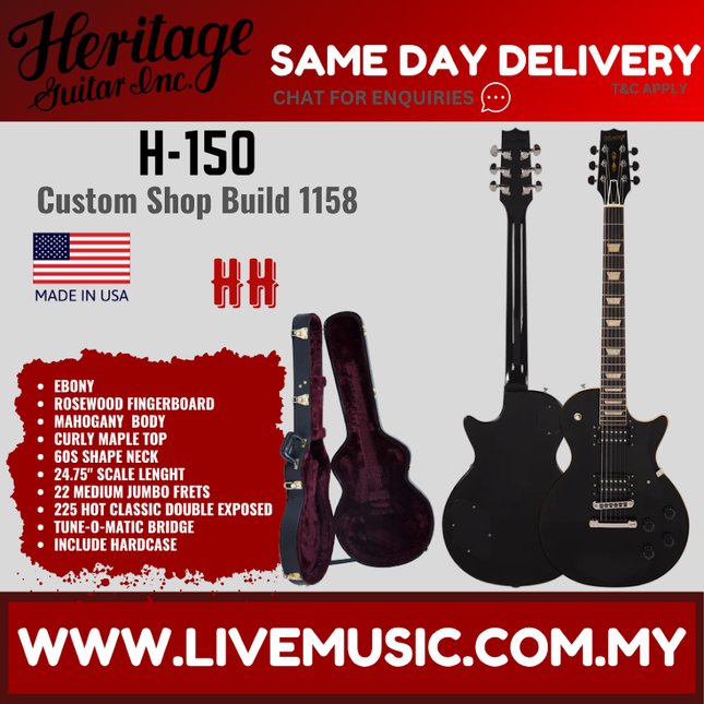 Heritage Custom Shop Build 1158 H-150 Electric Guitar with Case, Ebony ( H150 H 150 )