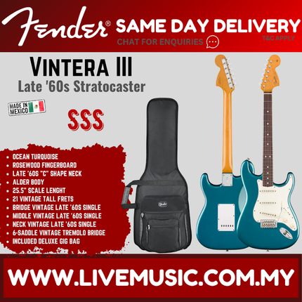 Fender Vintera III Late 60s Stratocaster Electric Guitar, RW FB, Ocean Turquoise