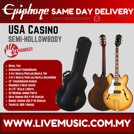 Epiphone USA Casino Left-Handed Hollowbody Electric Guitar, Case Included - Royal Tan