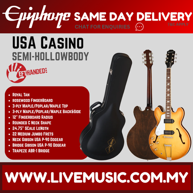 Epiphone USA Casino Left-Handed Hollowbody Electric Guitar, Case Included - Royal Tan