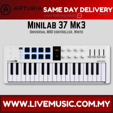 Arturia Minilab 37 Mk3 white MIDI keyboard controller with knobs and pads