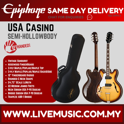 Epiphone USA Casino Left-Handed Hollowbody Electric Guitar, Case Included - Vintage Burst