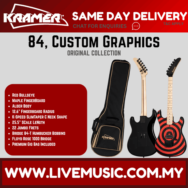 Kramer 84 Red Bullseye Electric Guitar with Premium Gig Bag - Black with Red Bullseye
