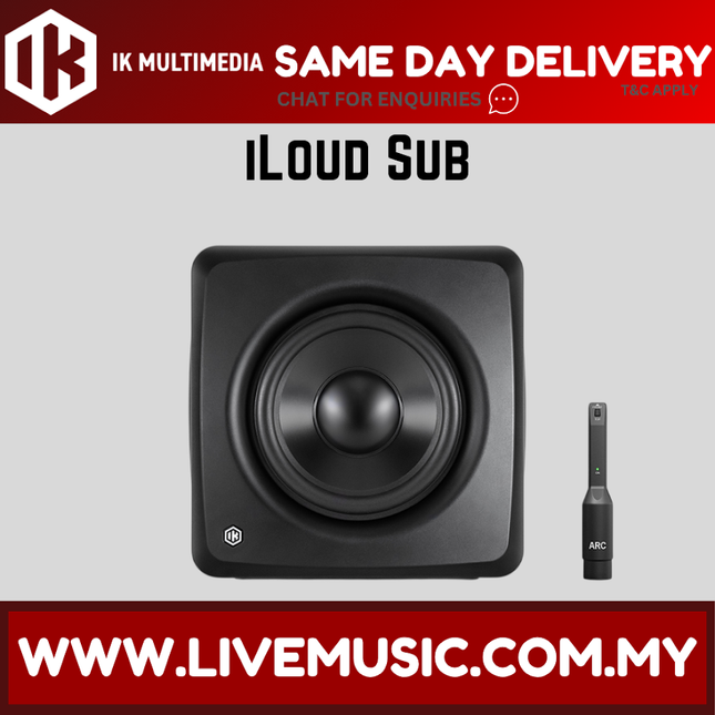 IK Multimedia iLoud Sub powered subwoofer, front black woofer speaker