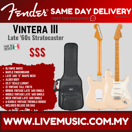 Fender Vintera III Late 60s Stratocaster Electric Guitar, Maple FB, Olympic White