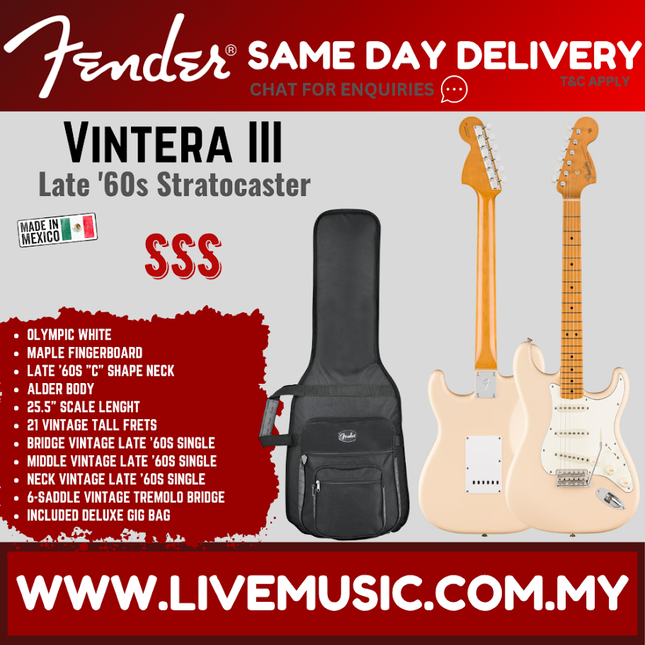 Fender Vintera III Late ’60s Stratocaster electric guitar in Olympic White with gig bag
