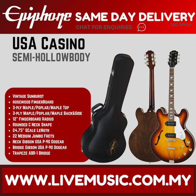 Epiphone USA Casino Hollowbody Electric Guitar, Case Included - Vintage Burst