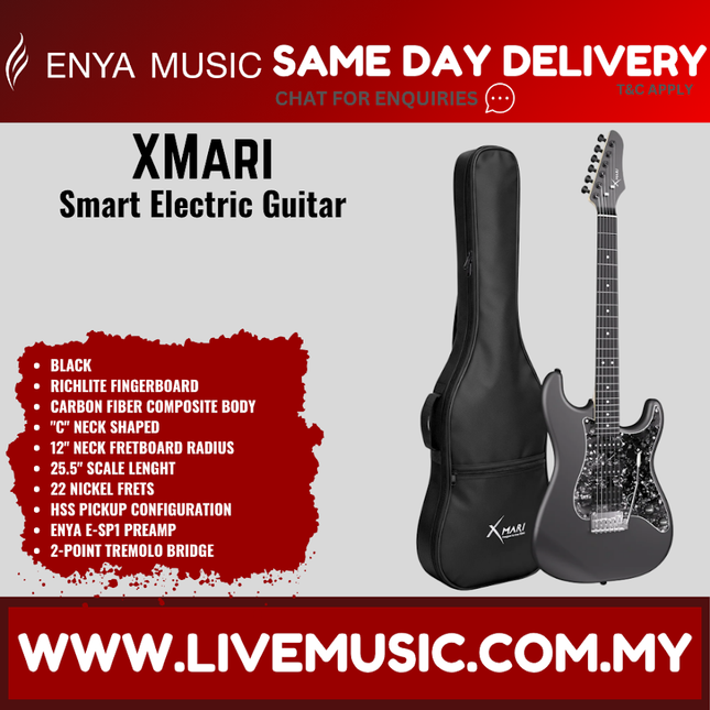 Black XMARI smart electric guitar with built-in DSP effects and padded gig bag