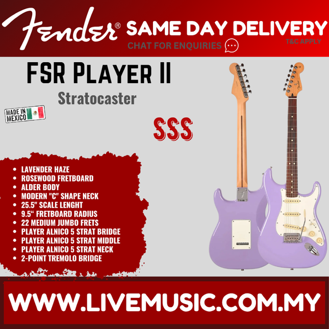 Lavender electric Stratocaster guitar with 3 single-coil pickups and tremolo bridge