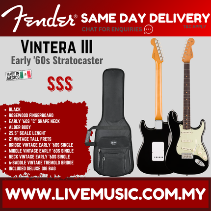 Fender Vintera III Early 60s Stratocaster Electric Guitar, RW FB, Black