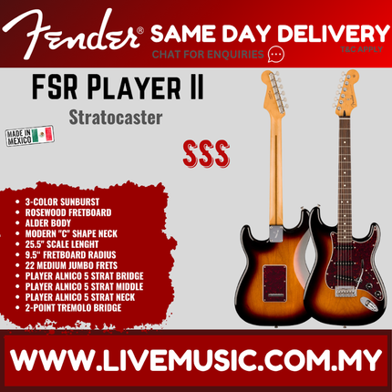 Fender FSR Player II Stratocaster Electric Guitar, RW FB, 3-Color Sunburst