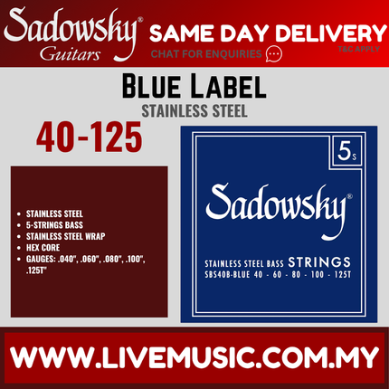 Sadowsky Blue Label Stainless Steel 5-String Bass String Set, 040-125