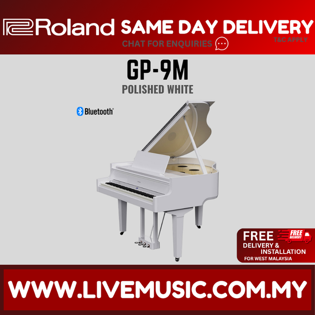 Polished white baby grand digital piano with open lid and 88 keys