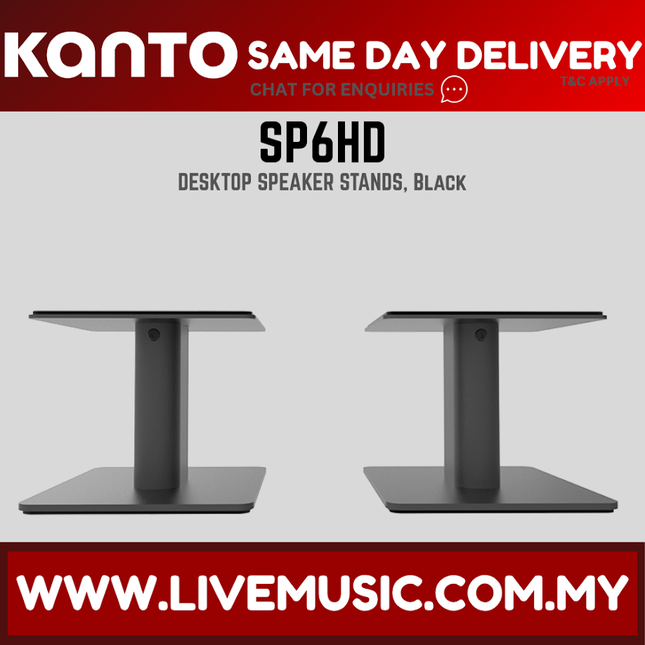 Black desktop speaker stands with central column and square base platforms
