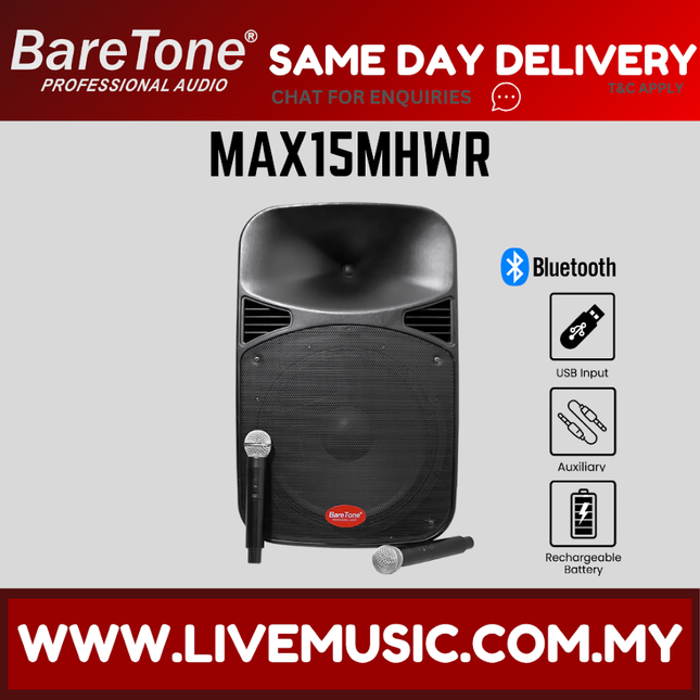 Baretone MAX15MHWR 15" Portable Speaker with Two UHF Wireless Microphone ( MAX 15MHWR MAX-15MHWR )