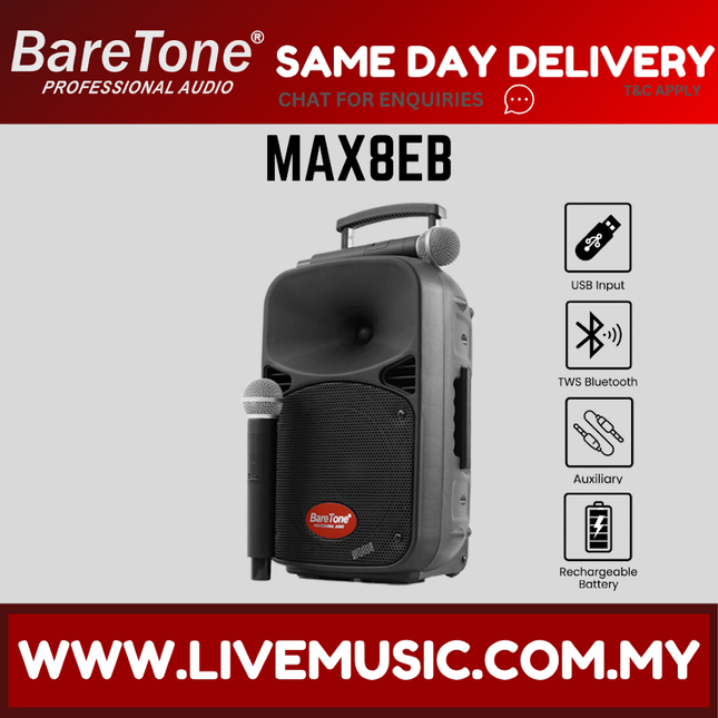 Baretone MAX8EB 8" Portable Speaker with Two UHF Wireless Microphone ( MAX-8EB MAX 8EB )