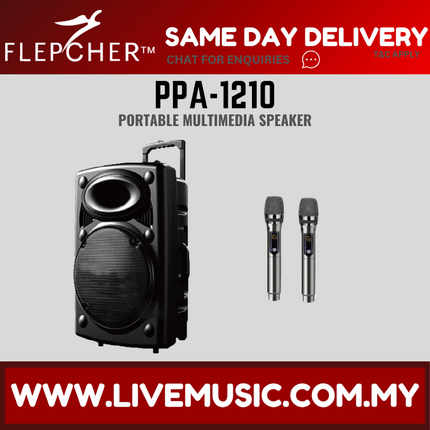 Portable multimedia speaker with 2 wireless microphones; black speaker, two silver mics