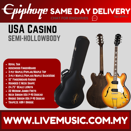 Epiphone USA Casino Hollowbody Electric Guitar, Case Included - Royal Tan