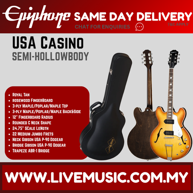 Epiphone USA Casino Hollowbody Electric Guitar, Case Included - Royal Tan