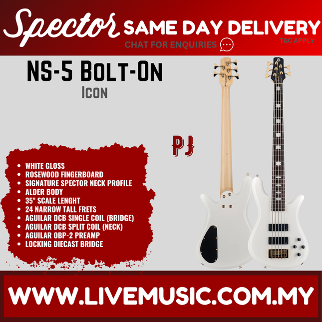 Spector Icon NS 5 Bolt-On 5-String Electric Bass Guitar, White Gloss