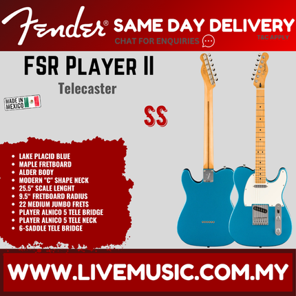 Fender FSR Player II Telecaster Electric Guitar, Maple FB, Lake Placid Blue