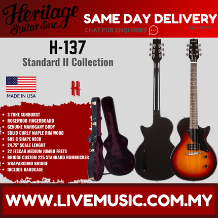 Heritage Standard II Collection H-137 Electric Guitar with Case, 3 Tone Sunburst ( H 137 H137 )