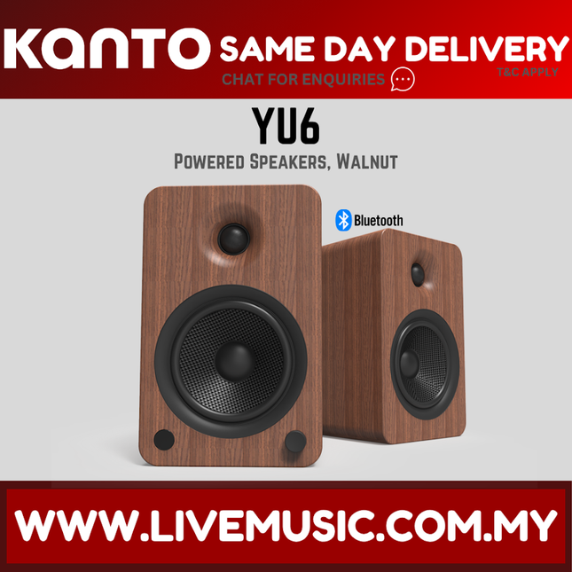 Walnut powered bookshelf speaker with black woofers and tweeters, Bluetooth-ready