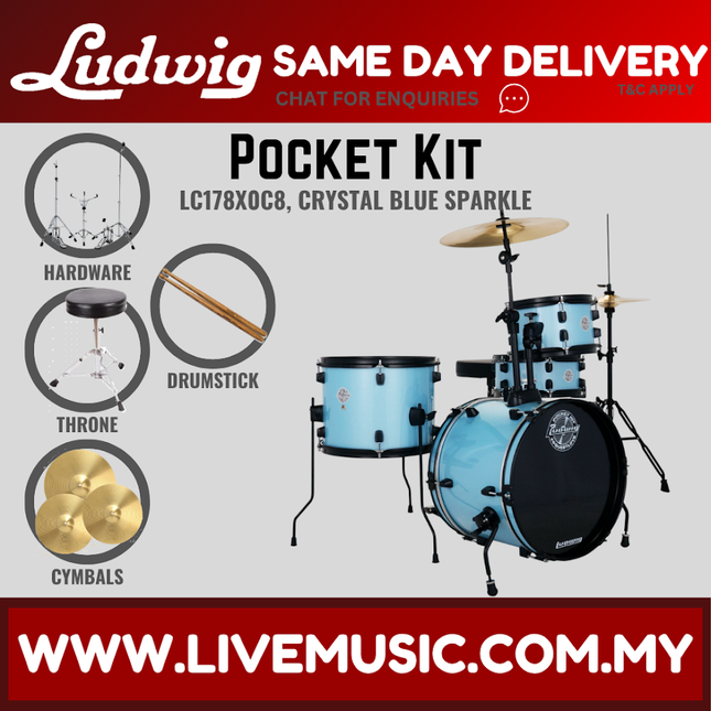 Ludwig LC178X0C8DIR Pocket Kit 4-Piece Drum Kit with Hardware and Cymbals -Crystal blue Sparkle (LC178X 0C8DIR)
