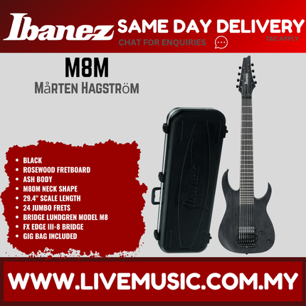 Black 8-string electric guitar with hard case and Ibanez headstock