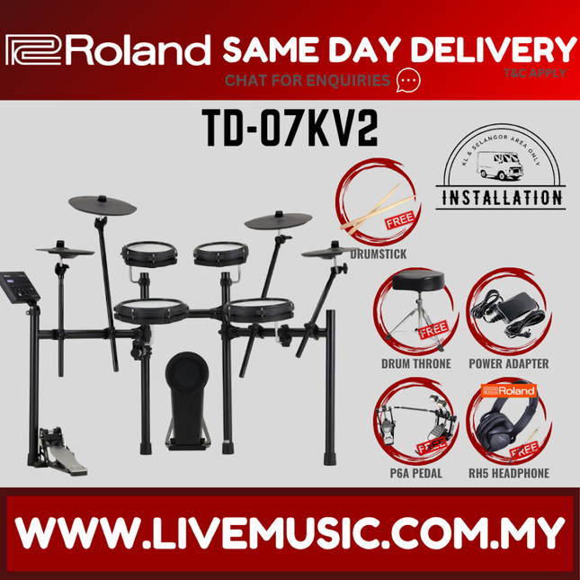 Roland TD-07KV2 Electronic Digital Drum Set with RH-5 Headphones, T1D Drum Throne, Double Kick Pedal, Drumstick ( TD07KV2 / TD07KV ) Replace TD-07KV