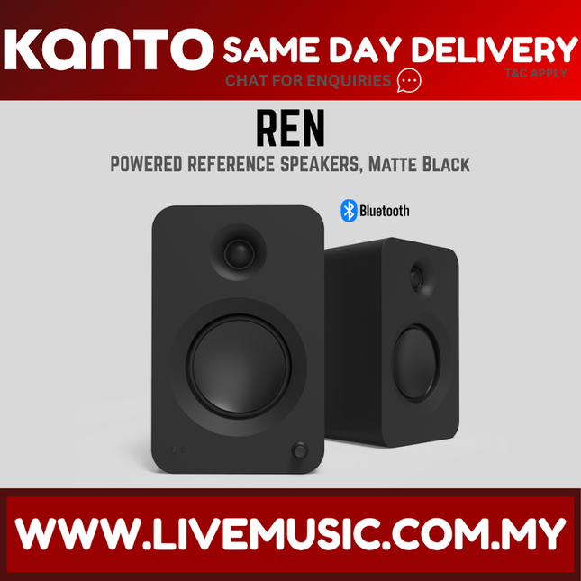 Matte black powered bookshelf speaker pair, front woofer and side tweeter