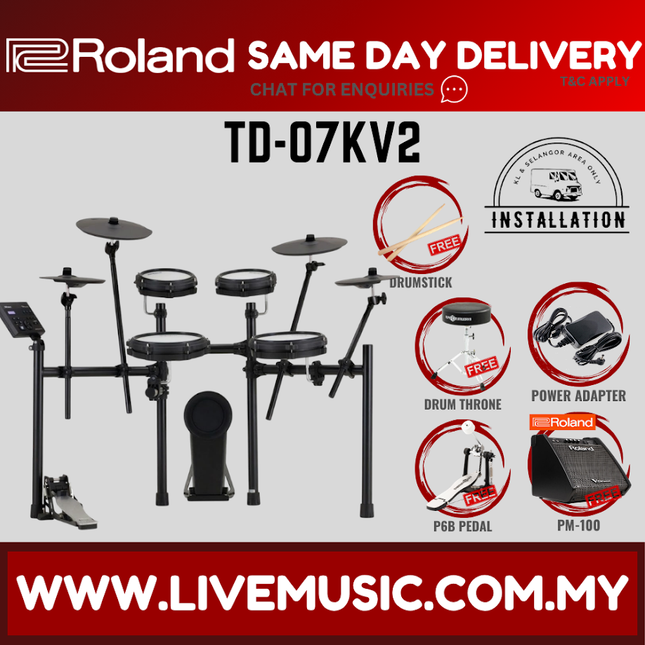 Roland TD-07KV2 Electronic Digital Drum Set with RH-5 Headphones, T1D Drum Throne, Double Kick Pedal, Drumstick ( TD07KV2 / TD07KV ) Replace TD-07KV