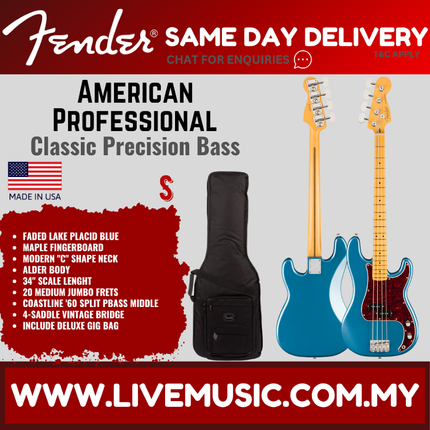 Fender American Professional Classic Precision Bass Guitar, Maple FB, Faded Lake Placid Blue