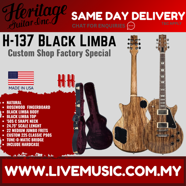 Heritage Custom Shop Factory Special H-137 Black Limba Electric Guitar, Natural ( H137 H 137 )