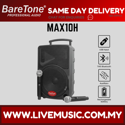 Baretone MAX10H 10" Portable Speaker With Two Handheld Wireless Mic ( MAX-10H MAX 10H )