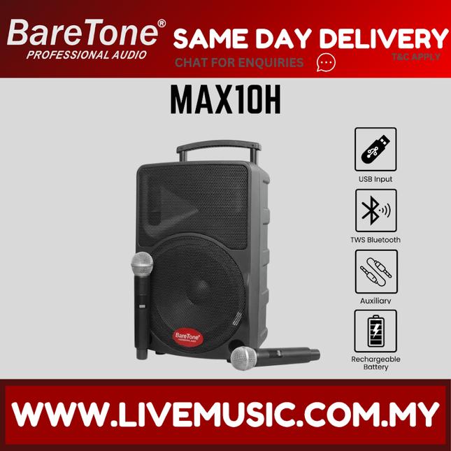Baretone MAX10H 10" Portable Speaker With Two Handheld Wireless Mic ( MAX-10H MAX 10H )