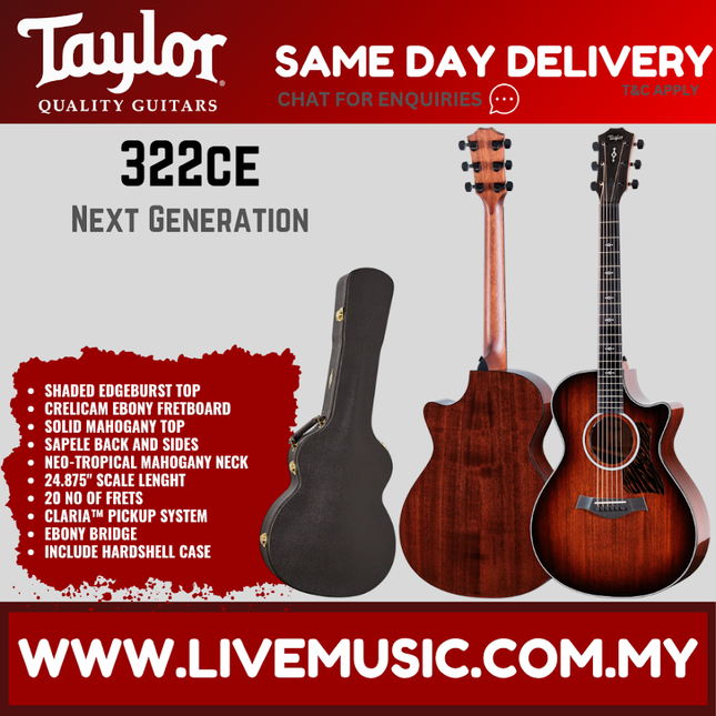 Mahogany acoustic grand concert guitar with hard-shell case, Taylor 322ce cutaway