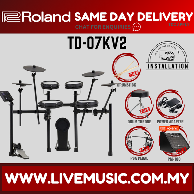 Roland TD-07KV2 Electronic Digital Drum Set with RH-5 Headphones, T1D Drum Throne, Double Kick Pedal, Drumstick ( TD07KV2 / TD07KV ) Replace TD-07KV