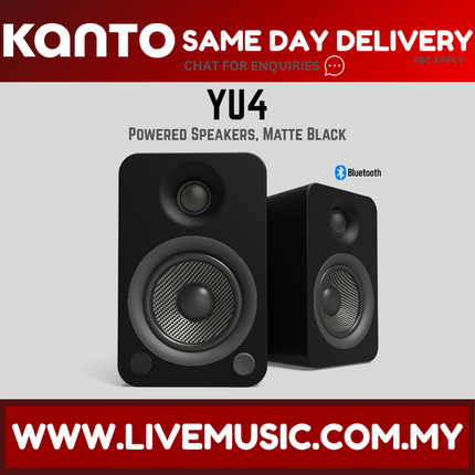 Kanto YU4 powered speakers matte black product graphic with two speaker units