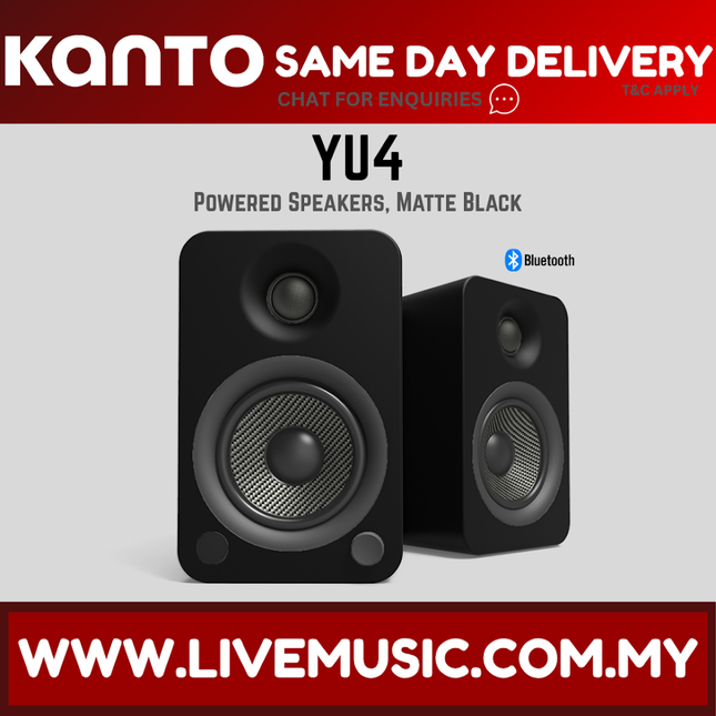 Kanto YU4 powered speakers matte black product graphic with two speaker units