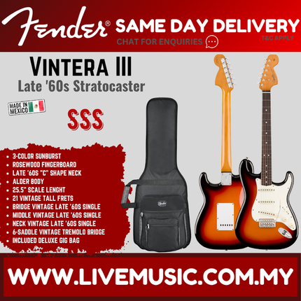 Fender Vintera III Late 60s Stratocaster Electric Guitar, RW FB, 3-Color Sunburst
