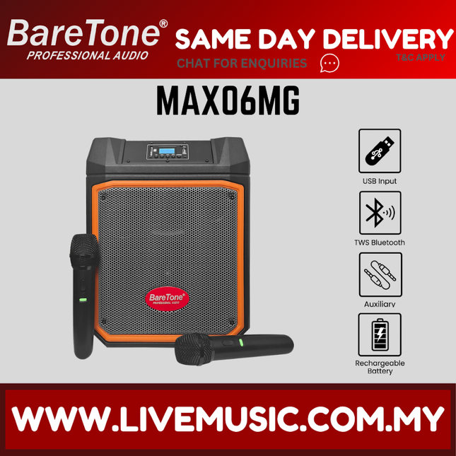 Baretone MAX06MG 6.5" Portable Speaker With Two Handheld Wireless Mic ( MAX 06MG MAX-06MG )