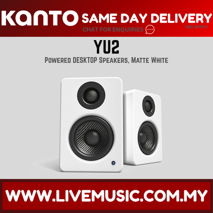 Matte white powered desktop speaker pair with front woofers and tweeters