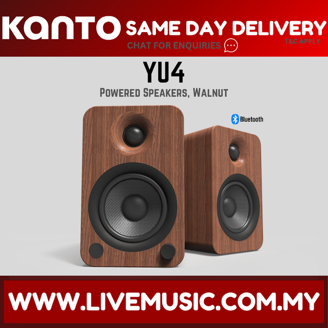 Walnut bookshelf speakers with black woofers, tweeters, and front bass ports