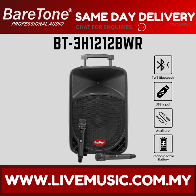 Baretone BT-3H1212BWR 12" Portable Speaker With Two Handheld Wireless Mic ( BT 3H1212BWR BT3H1212BWR )