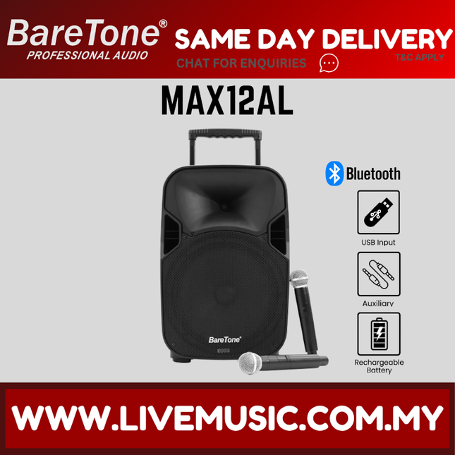 Baretone MAX12AL 12" Portable Speaker with Two UHF Wireless Microphone ( MAX-12AL MAX 12AL )
